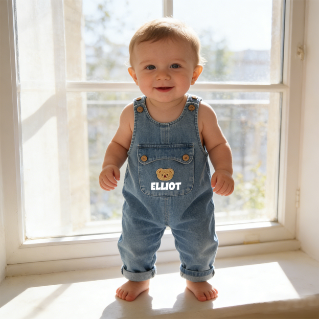 Personalized Kids Bear Patch Denim Overalls Set| Pants46