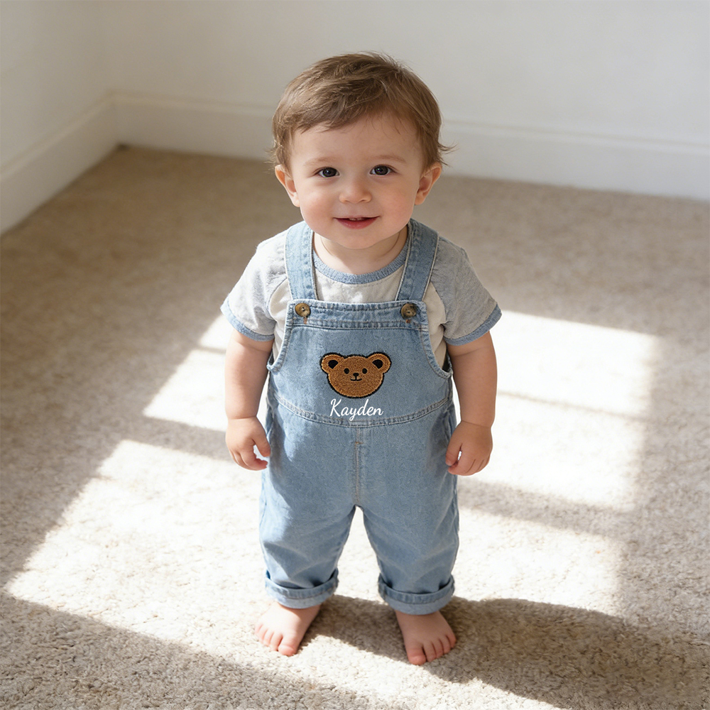 Personalized Kids Bear Patch Denim Overalls| Pants47
