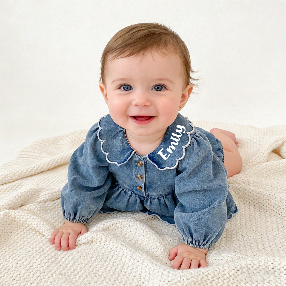 Personalized Baby Girl Ruffled Denim Bubble Romper| BBcloth130