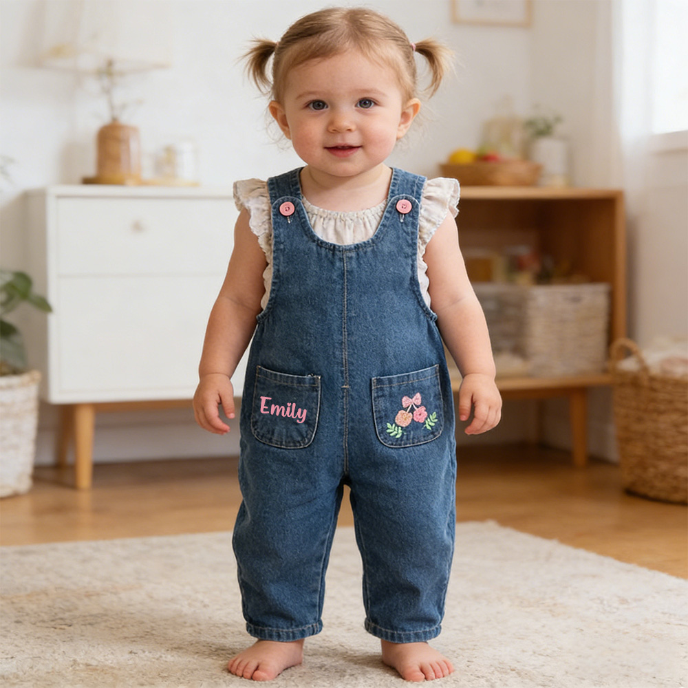 Personalized Girl Embroidered Flower Denim Overalls| Pants51