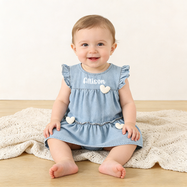 Personalized Baby Girl Heart Denim Dress| Dress76