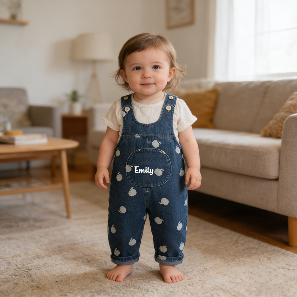 Personalized Kids Print Apple Denim Overalls| Pants52