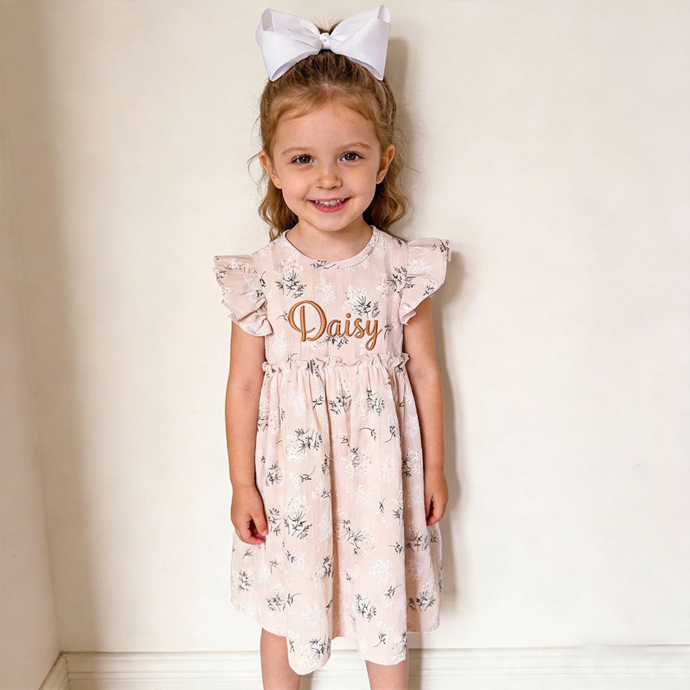 Personalized Girl Embroidered Name Floral Dress With Bow| Dress80