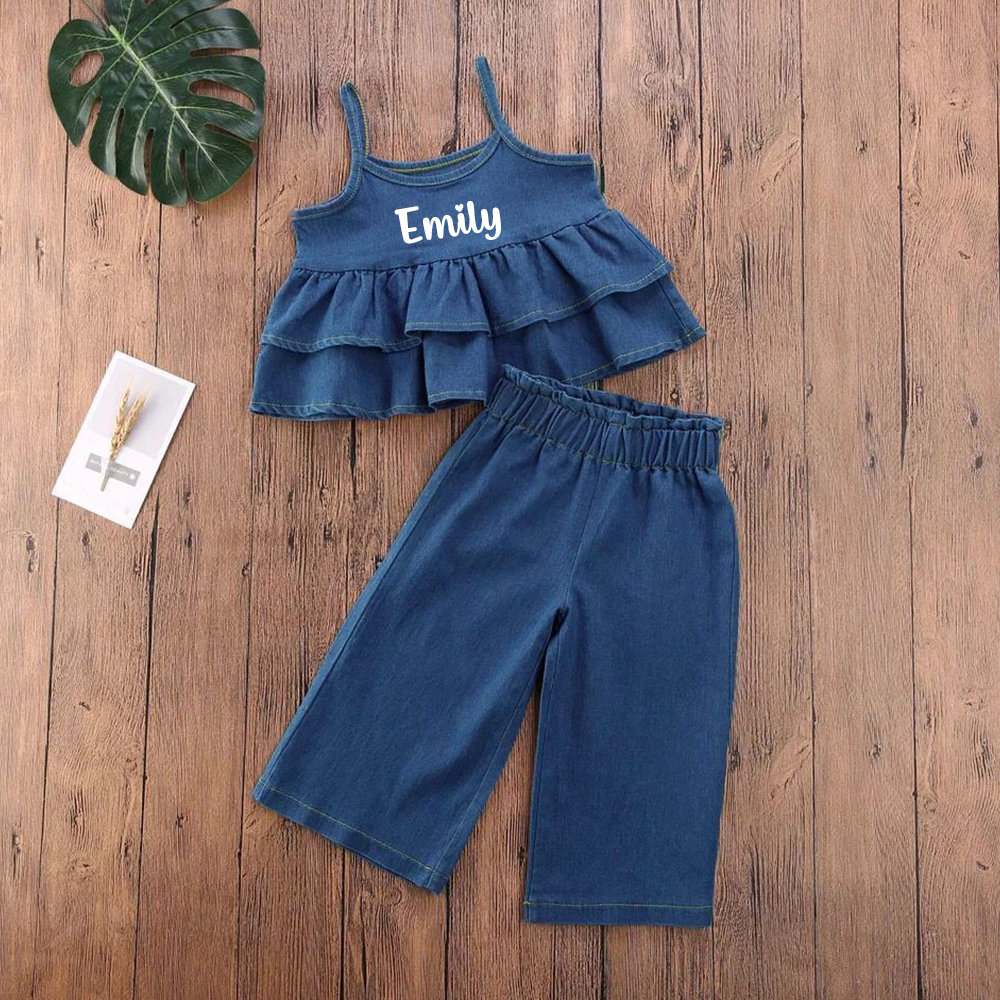 Personalized Girl Sleeveless Ruffle Denim Two-Piece Outfit| Cloth270