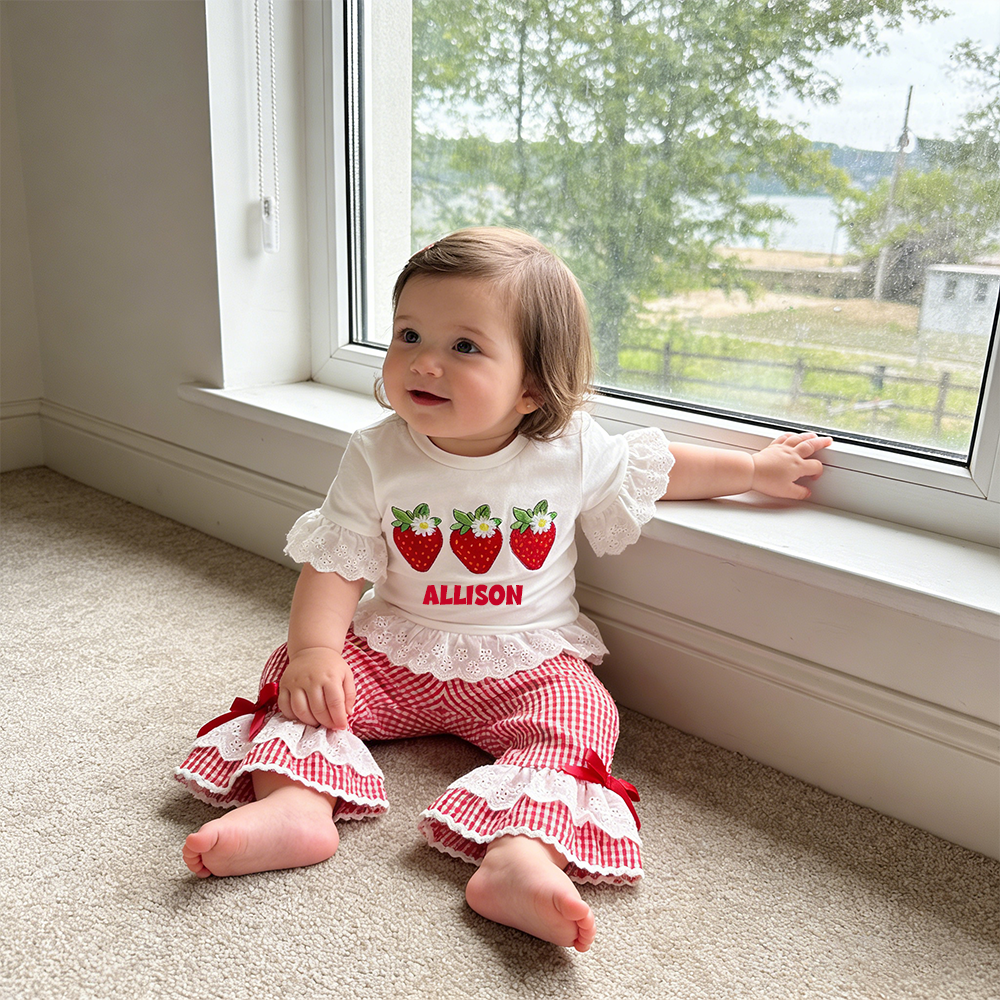 Personalized Girl Strawberry Embroidered Gingham Ruffle Set| Cloth272