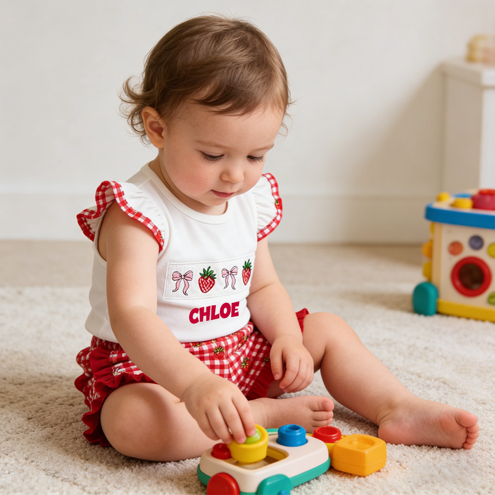 Personalized Girl Strawberry Ruffle Sleeve Top & Shorts Set| Cloth273
