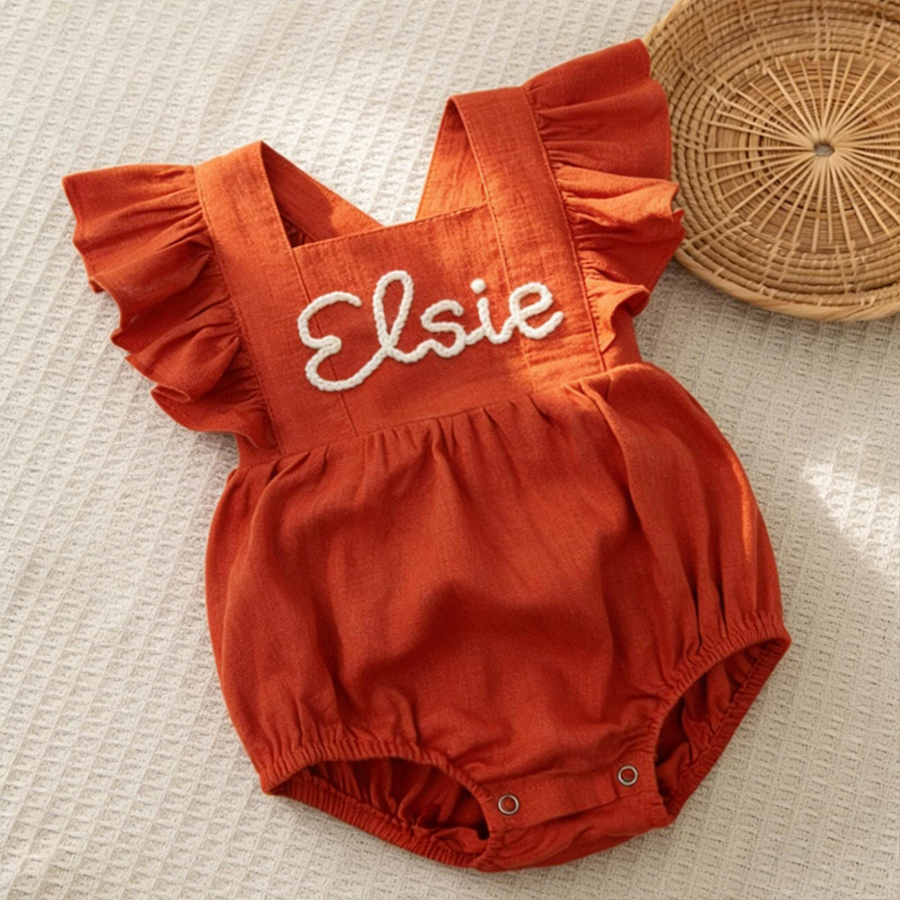 Personalized Baby Gril Embroidered Linen Romper| BBcloth131