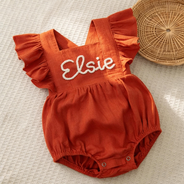 Personalized Baby Gril Embroidered Linen Romper| BBcloth131