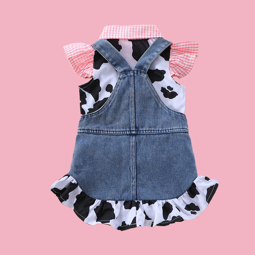 Personalized Baby Girl Cow Print Denim Overall Dress Set| BBcloth132