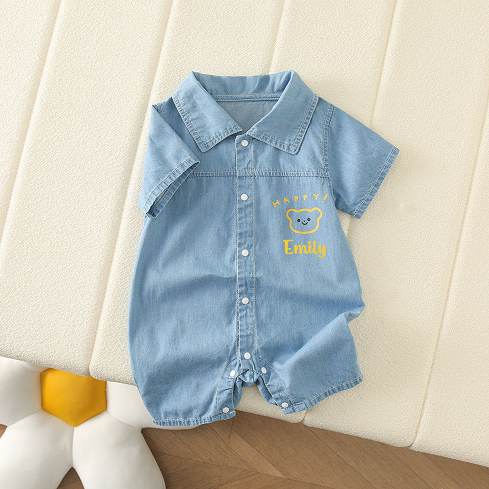 Personalized Baby Bear Print Denim Romper| BBcloth133