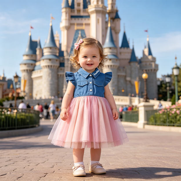 Personalized Girl Ruffle Sleeve Denim and Tulle Dress| Dress90
