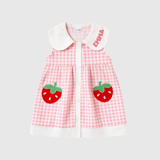 Personalized Girl Check Strawberry Sleeveless Summer Dress| Dress94