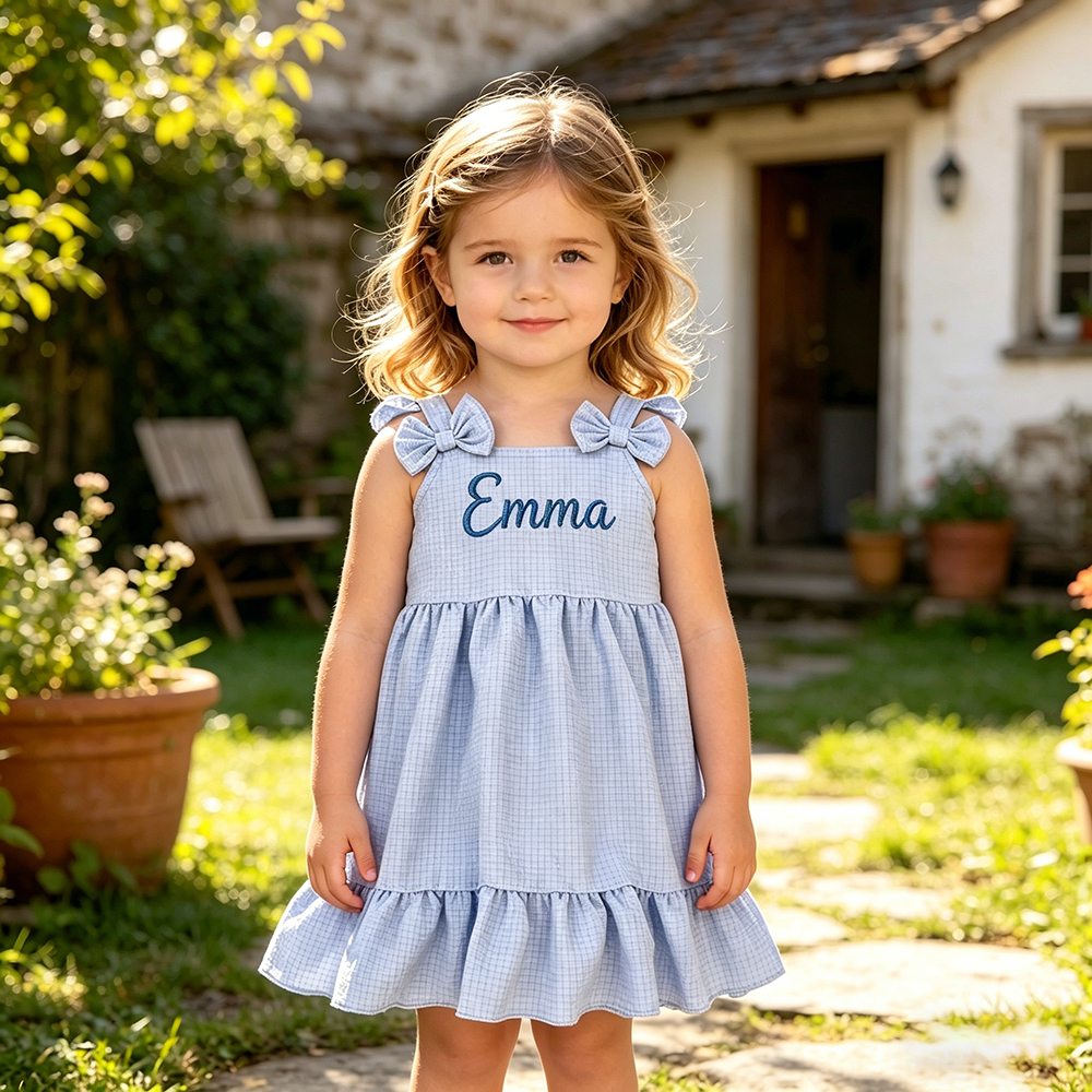 Personalized Girl Embroidered Name Bow Strap Dress| Dress99