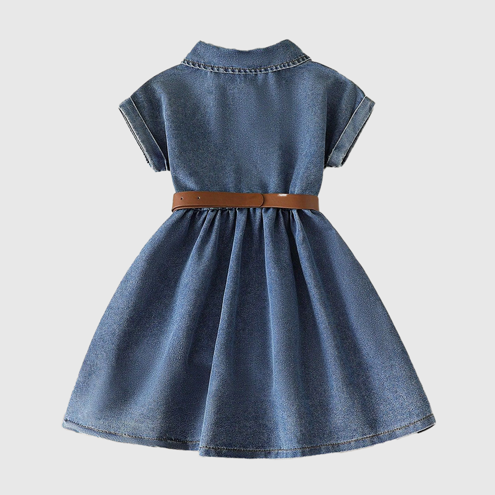 Personalized Girl Vintage Wash Denim Shirtdress with Brown Belt| Dress98