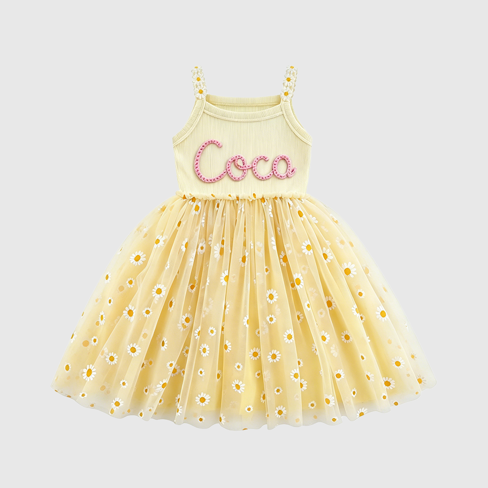 Personalized Girl Hand Knitted Rainbow Daisy Tutu Dress| Dress100