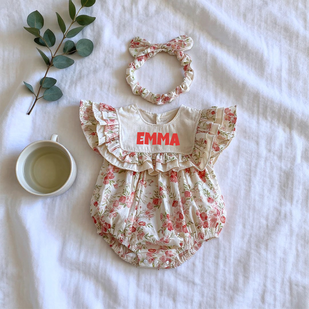 Personalized Girl's Floral Cotton Dress With Headband| Dress113