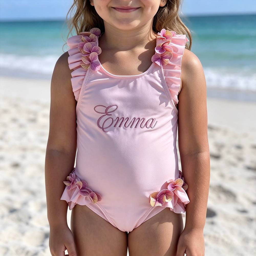 Personalized Girl Embroidered Pink Floral Ruffle One-Piece| Swimsuit08