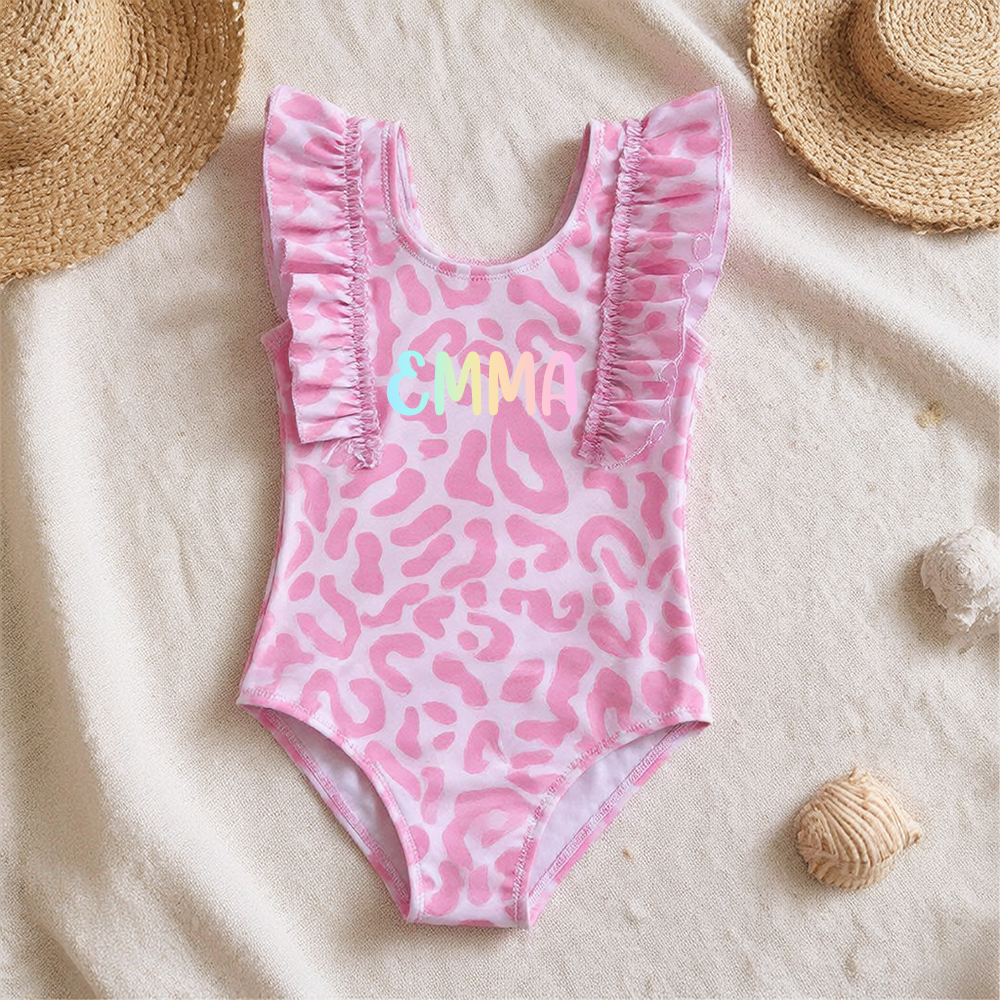 Personalized Girl Pink Leopard Ruffle One-Piece| Swimsuit09