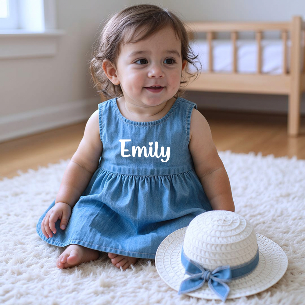 Personalized Girl Denim Dress with Straw Hat| Dress119