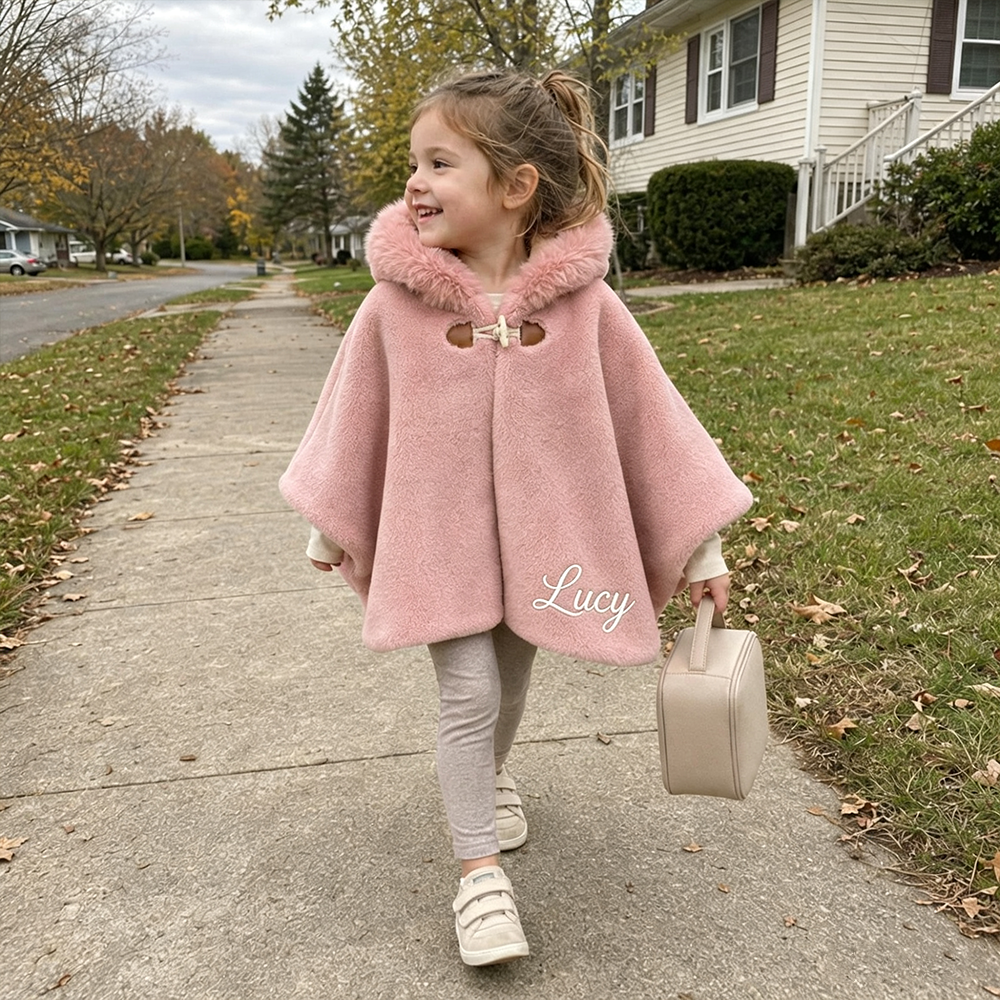 Personalized Girls Faux Fur Trim Winter Poncho Hooded Cape Coat| Cloth287