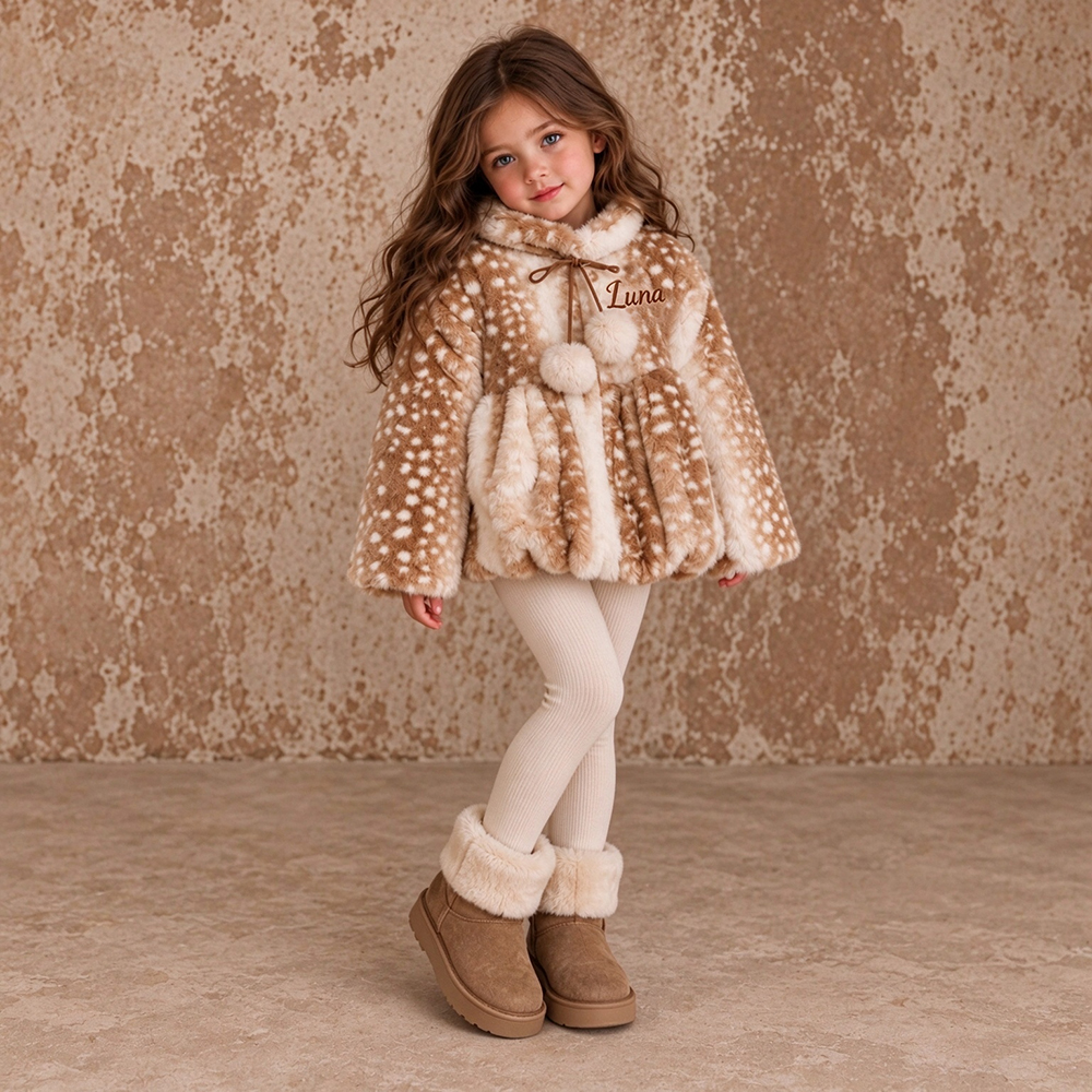 Personalized Embroidered Girls Fluffy Spotted Faux Fur Jacket | Cloth299