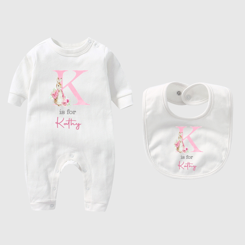 Personalized Pink Rabbit Initial Baby Sleepsuit| BBCloth08