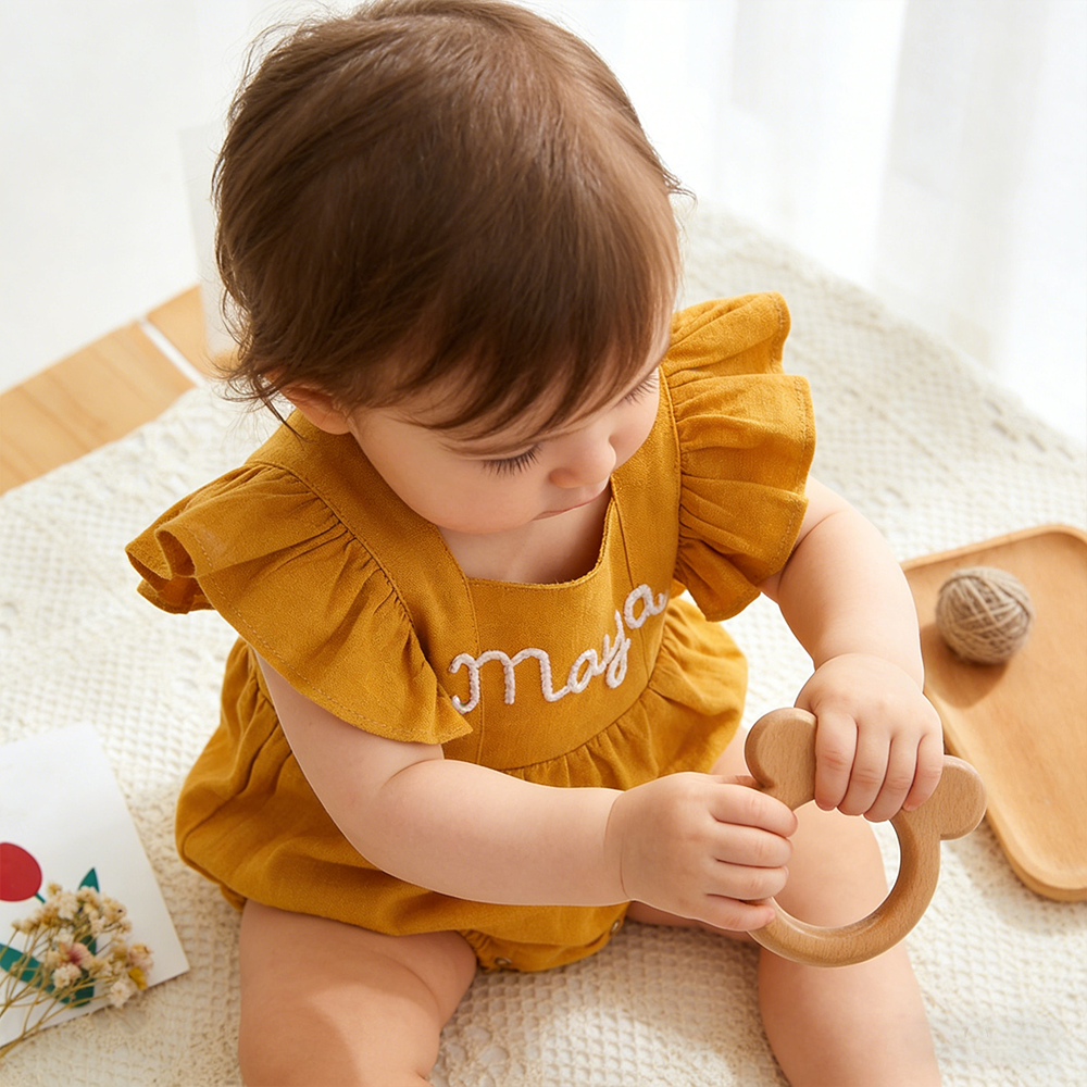 Personalized Baby Gril Embroidered Linen Romper| BBcloth131