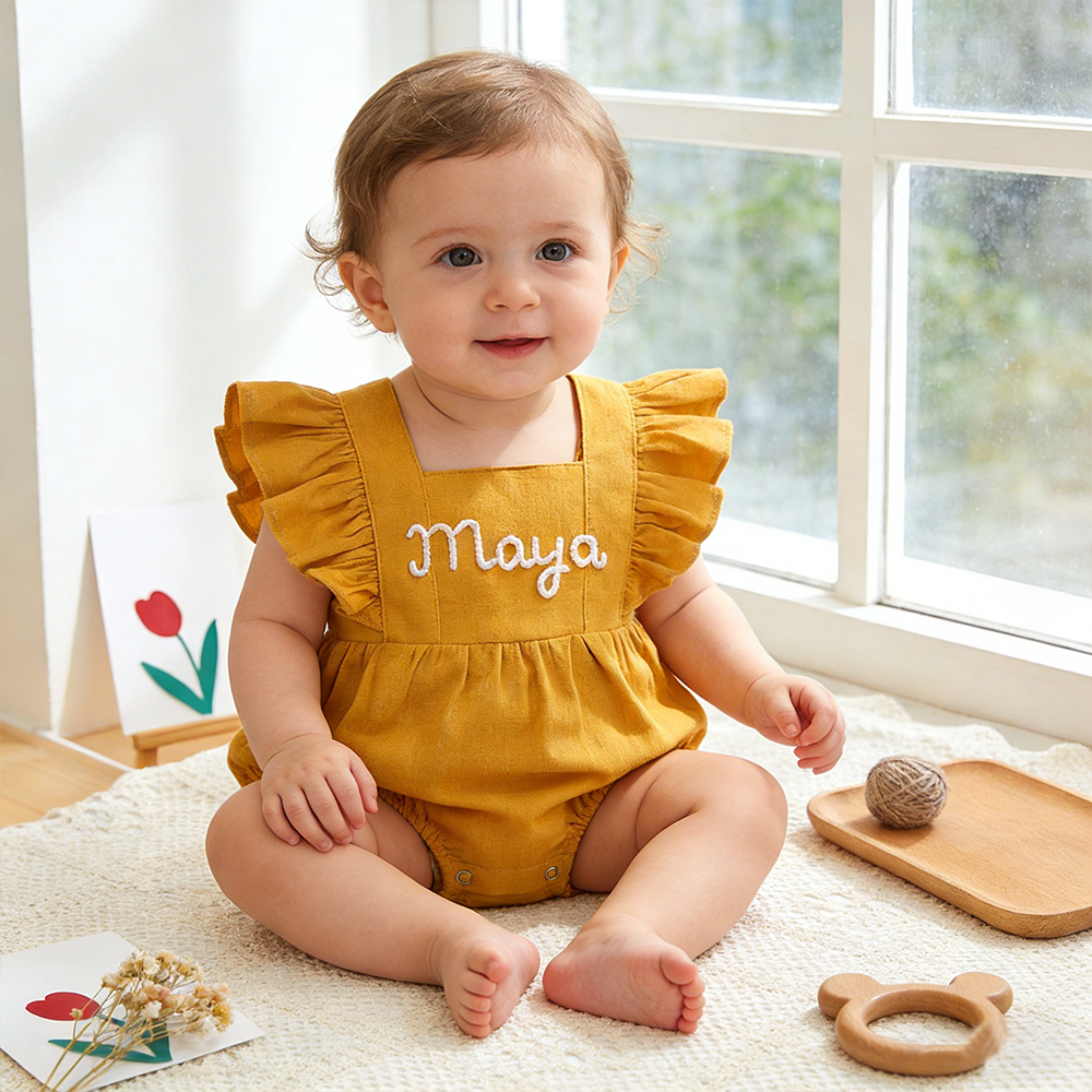 Personalized Baby Gril Embroidered Linen Romper| BBcloth131