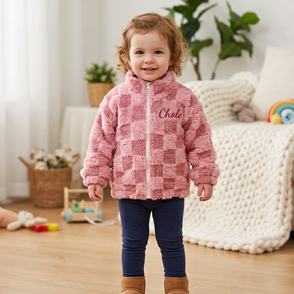 Personalized Embroidered Kids Sherpa Fleece Warm Check Winter Coat | Cloth295