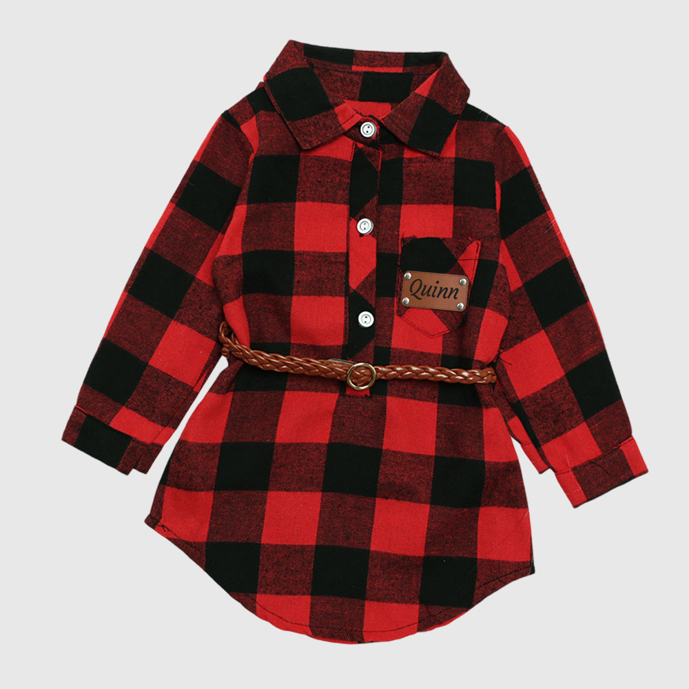 Personalized Girl Red Plaid Print Long Sleeves Shirt Dress With Belt| Cloth244