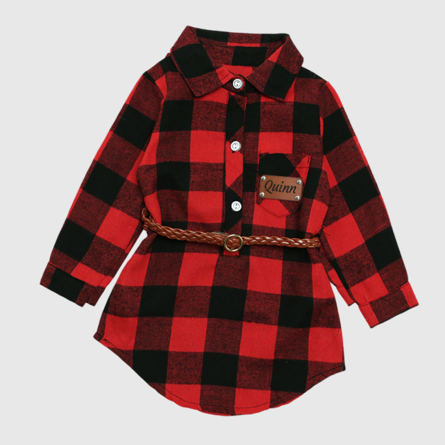 Personalized Girl Red Plaid Print Long Sleeves Shirt Dress With Belt| Cloth244