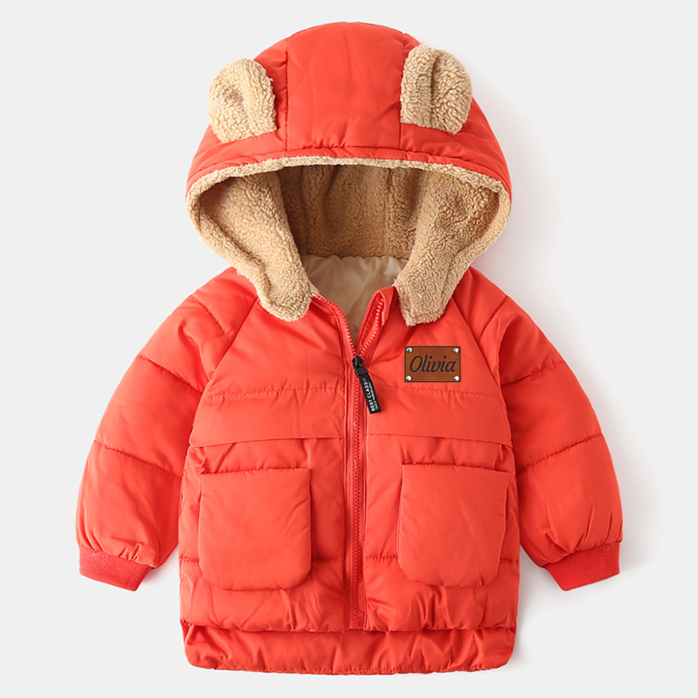 Personalized Leather Patch Kids Bear Ear Puffer Jacket| Cloth256