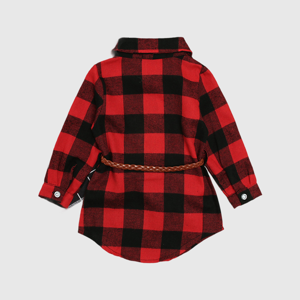 Personalized Girl Red Plaid Print Long Sleeves Shirt Dress With Belt| Cloth244