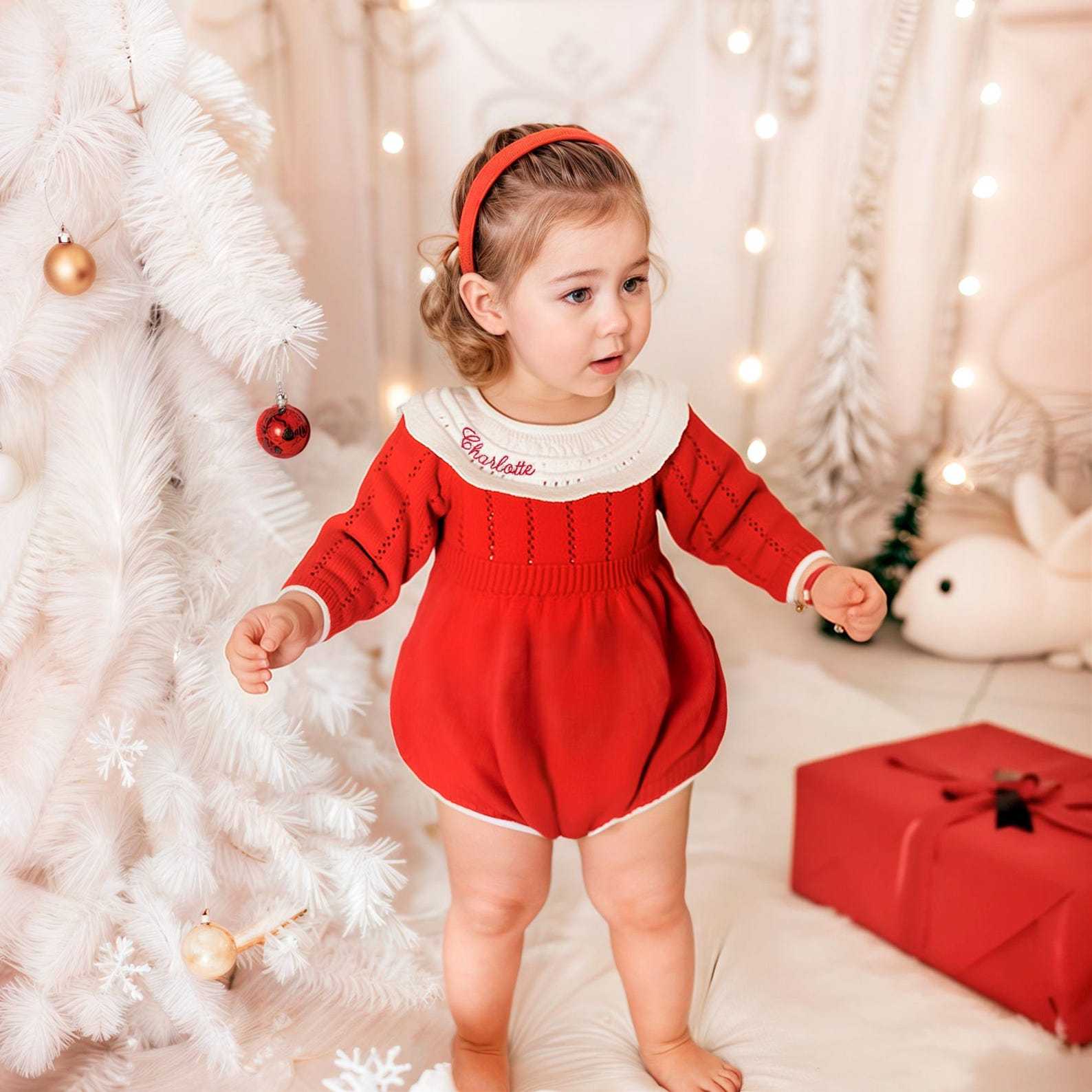 Personalized Baby Girl Christmas Embroidered Bubble Romper| BBcloth99