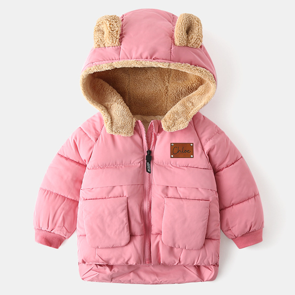 Personalized Leather Patch Kids Bear Ear Puffer Jacket| Cloth256