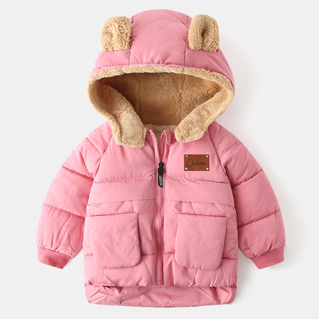Personalized Leather Patch Kids Bear Ear Puffer Jacket| Cloth256