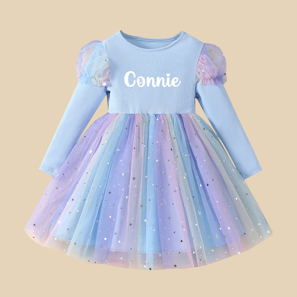 Personalized Girl Long Sleeve Blue Tulle Dress| Dress38