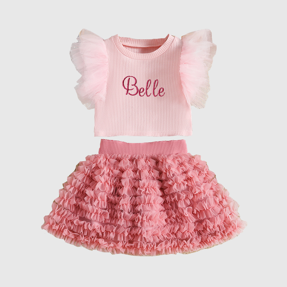 Personalized Girl Embroidered Ruffle Flutter Sleeve Tutu Set| Cloth237