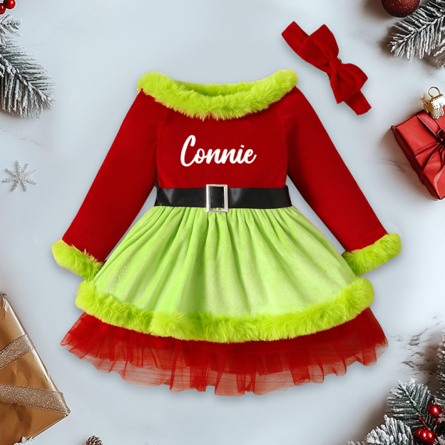 Personalized Girl Christmas  Baby Velvet Dress With Headband|YESMC11
