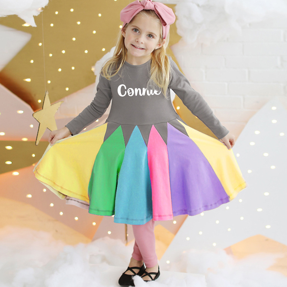 Personalized Girl Rainbow Ruffle Casual Dress| Dress24