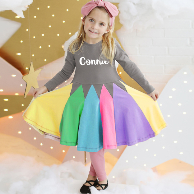 Personalized Girl Rainbow Ruffle Casual Dress| Dress24