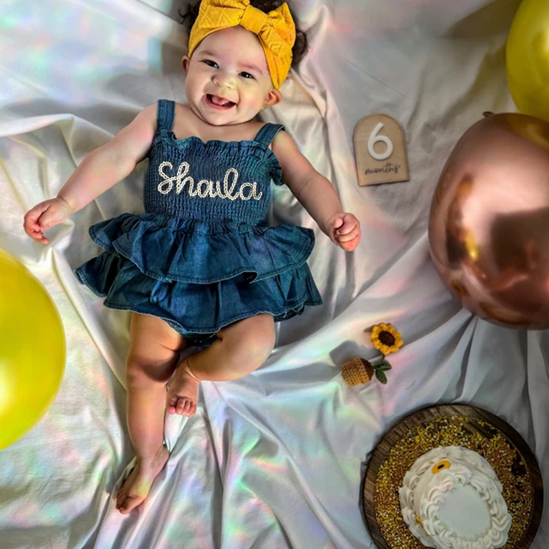 Personalized Baby Hand Embroidered Denim Ruffle Dress| BBCloth42