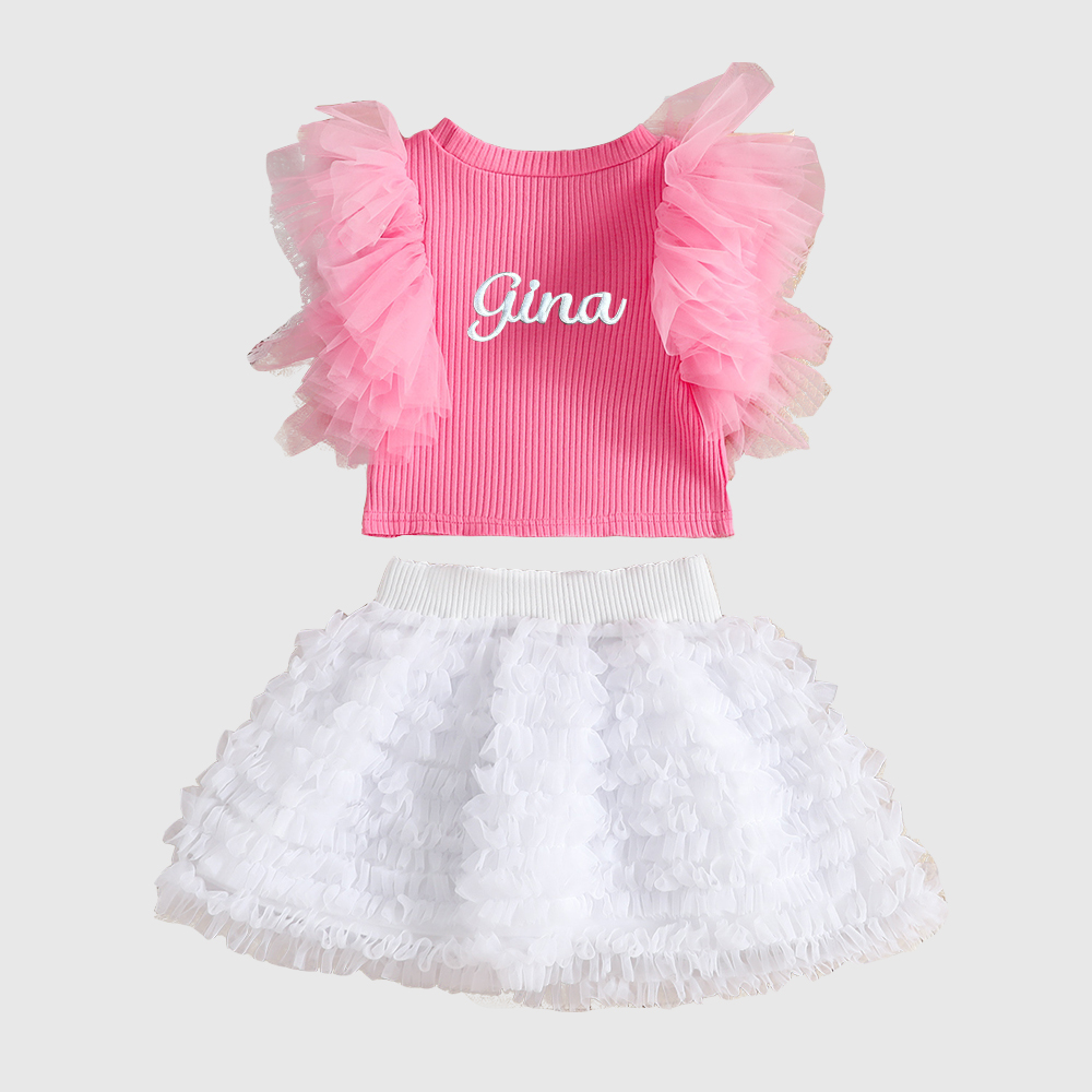 Personalized Girl Embroidered Ruffle Flutter Sleeve Tutu Set| Cloth237