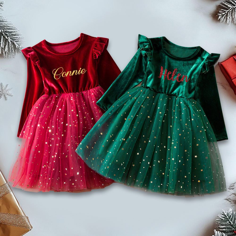 Personalized Girl Christmas Star Sequin Tulle Dress|YESMC05