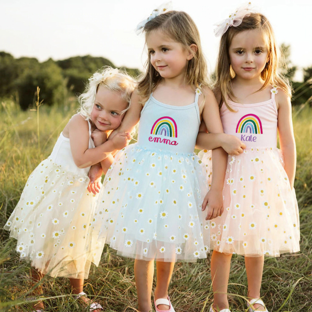 Personalized Girl Embroidered Rainbow Daisy Tutu Dress| Dress14
