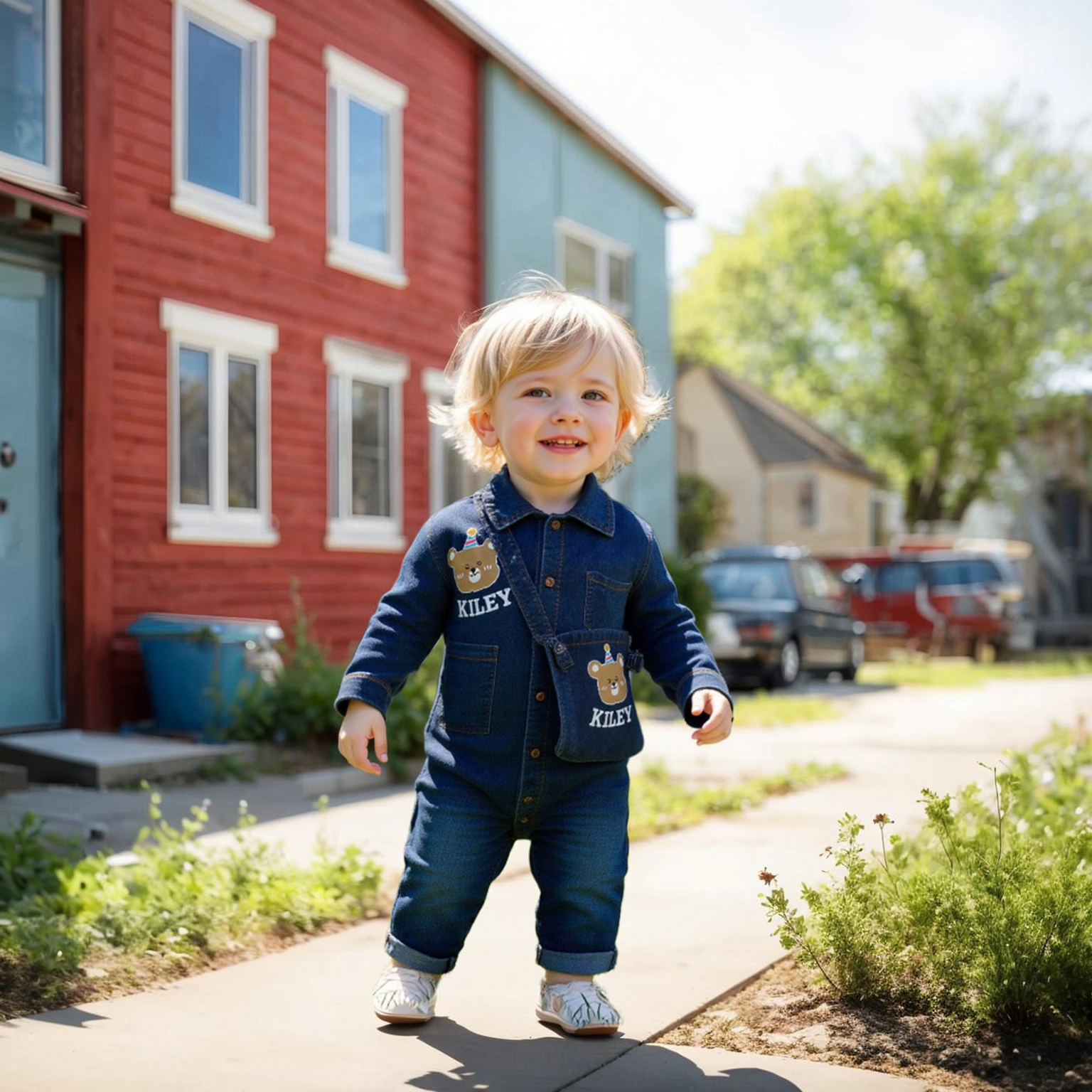Personalized Baby Bear Denim Onesie With Bag Set| BBCloth88