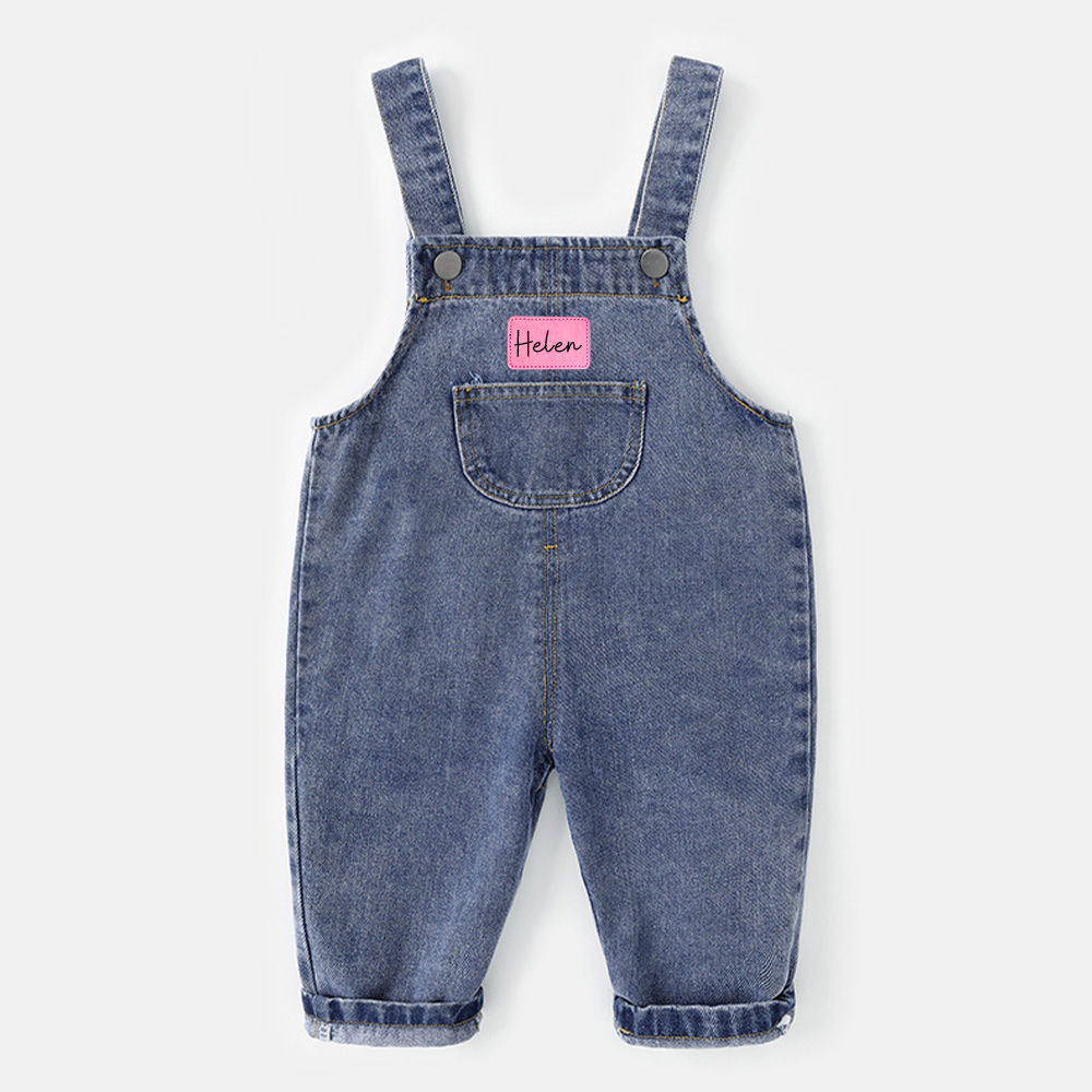 Personalized Kids Leather Patch Denim Overalls| Pants03