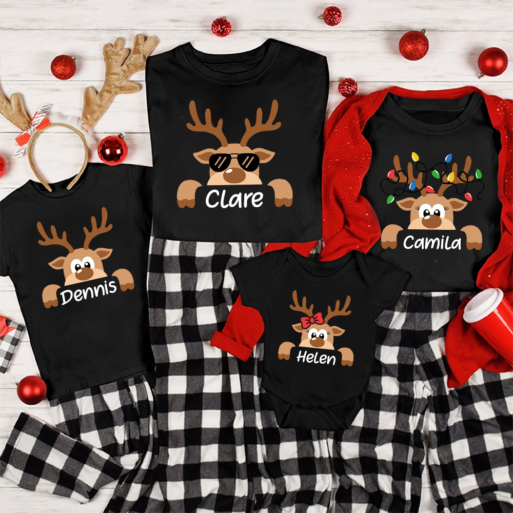 Personalized Reindeer Family Christmas Monogrammed Name T-Shirt| Match0418