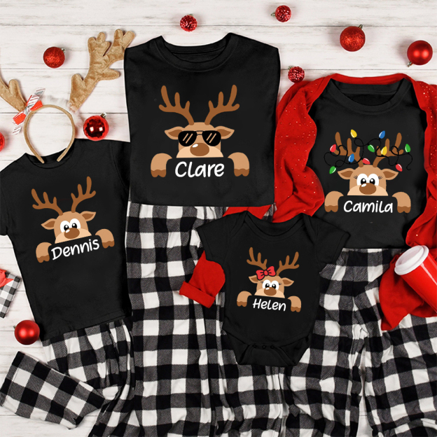 Personalized Reindeer Family Christmas Monogrammed Name T-Shirt| Match0418
