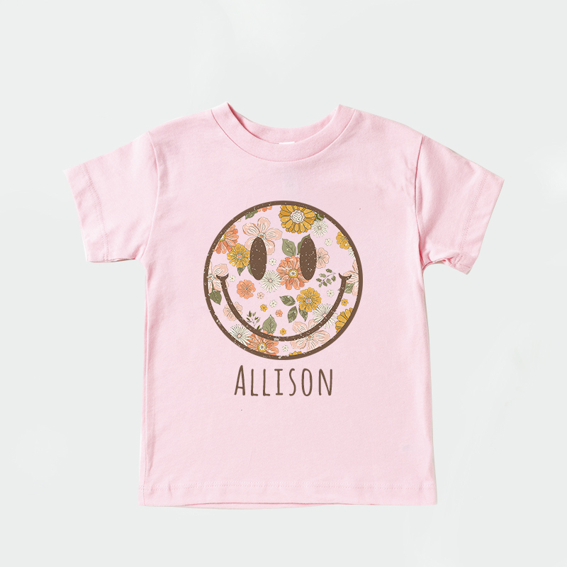 Personalized Girls Retro Floral Smiley Face T-Shirt| Cloth1423